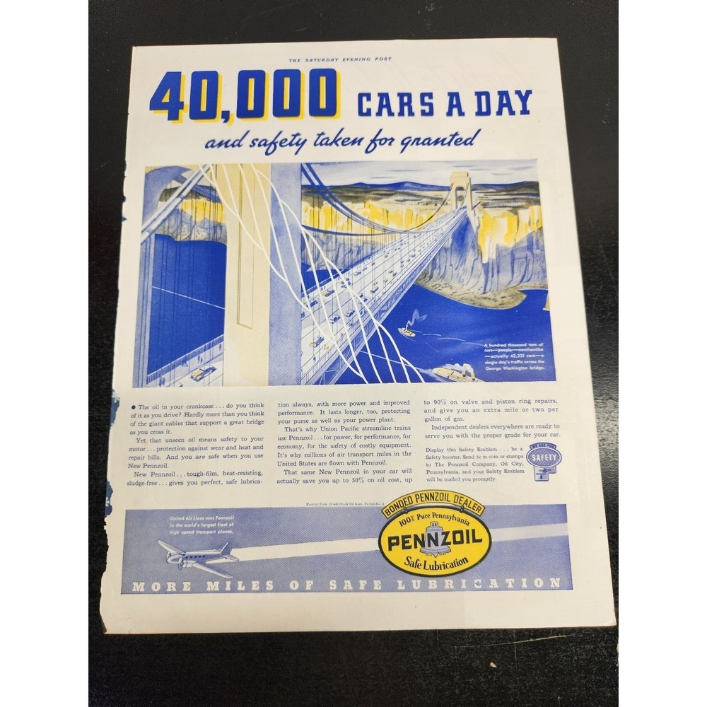 Pennzoil Magazine Ad Motor Oil 1930s-40s Bridge Plane Art Saturday Evening Post